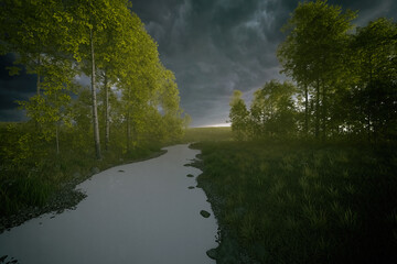 Countryside with a small river and birch trees under a cloudy sky. 3D render.