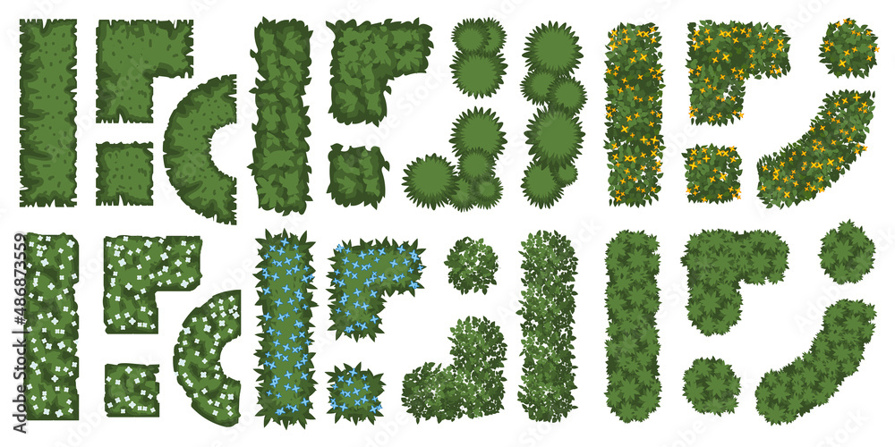 Wall mural Vector set. Bushes, plants for landscape design. Top view. Green fence. View from above.