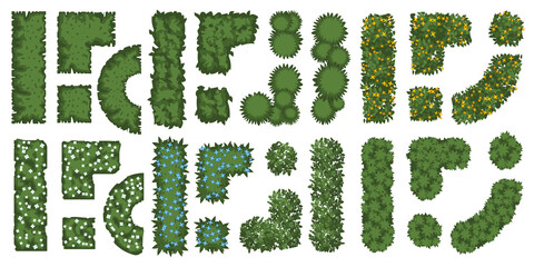 Vector set. Bushes, plants for landscape design. Top view. Green fence. View from above. - 486873559
