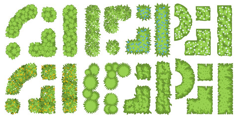 Vector set. Bushes, plants for landscape design. Top view. Green fence. View from above.