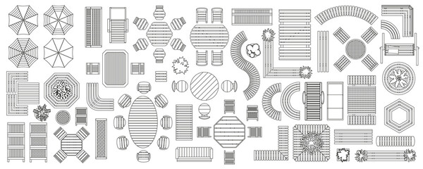 Set of linear icons. Outdoor furniture and patio items. (top view) Isolated Vector Illustration. Tables, benches, chairs, sunbeds, paths, pool, swings, umbrellas. (view from above). Furniture store. - 486873583