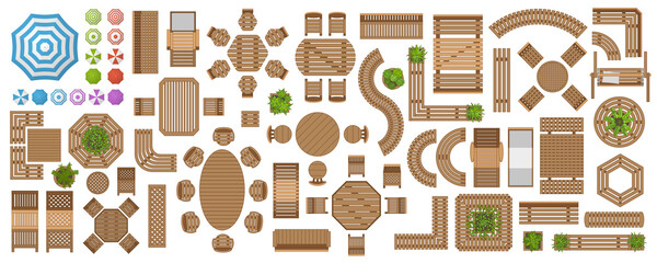 Icons set. Wooden outdoor furniture  and patio items. (top view) Isolated Vector Illustration. Tables, benches, chairs, sunbeds, swings. (view from above).  - 486873587