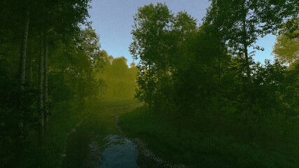 Foggy forest with birches and a river at sunrise. 3D render.