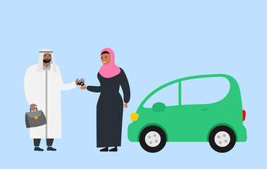 arab man gives to woman keys from new car vector illustration