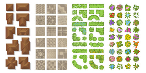 Set of landscape elements. Houses, architectural elements, plants. Top view. Pavement, green fence, houses and flowers. View from above.  - 486873706
