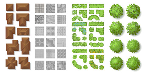 Set of landscape elements. Houses, architectural elements, plants. Top view. Trees, tile roof, pavement, green fence. View from above.  - 486873730