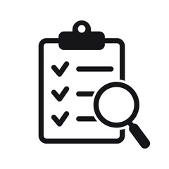 Clipboard with magnifier loupe icon, business concept. Analysis, analyzing icon. File search icon, document search, vector isolated.