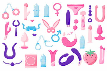Set of sex toys. Set of adult toys. Accessories for sex. Vector set in cartoon style.