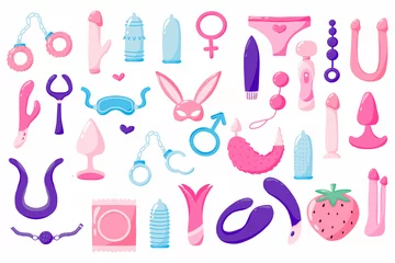 Fotobehang Set of sex toys. Set of adult toys. Accessories for sex. Vector set in cartoon style. © Евгения Крупель