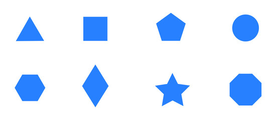 basic set of flat geometric shapes,blue square,triangle, rhombus, circle, hexagon, pentagon, star, octagon on white, icon for the design of your application, website