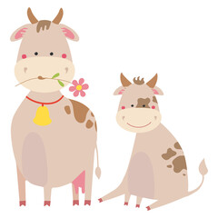 Cute cow mother with baby calf