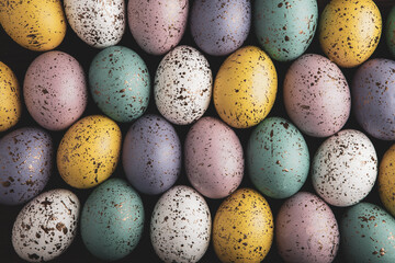 Hand painted pastel colored Easter eggs background. Happy Easter greeting card or invitation.