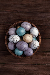 Hand painted pastel colored Easter eggs background. Happy Easter greeting card or invitation.