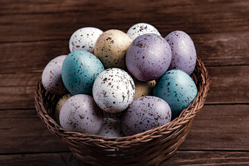 Hand painted pastel colored Easter eggs background. Happy Easter greeting card or invitation.