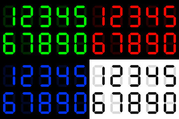 Four sets of digital numbers, red, green, blue and black, isolated on white and black background
