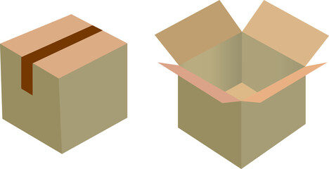 Realistic cardboard box set, opened and closed top view
