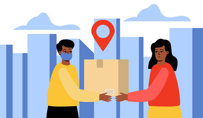 A courier man in a medical mask passes the parcel to a woman. The courier delivered the parcel, the order in the online store. Vector illustration