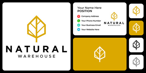 Warehouse and leaf logo design with business card template.

