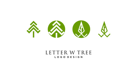 Letter W monogram tree logo design with business card template.