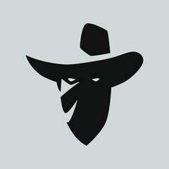 Cowboy masked outlaw portrait symbol on gray backdrop. Design element