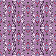 Bright seamless floral pattern in damask style. Abstract flowers, leaves and swirls.