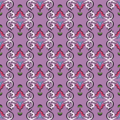 Bright seamless floral pattern in damask style. Abstract flowers, leaves and swirls.