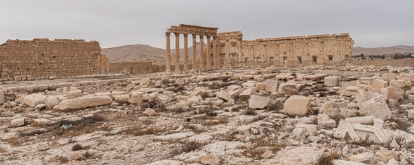 Panorama Palmyra columns and ancient city, destroyed by ISIS, Syria