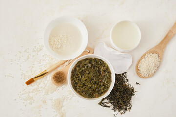 water from rice and tea for skin care, fermented cosmetics at home, natural ingredients for self-care