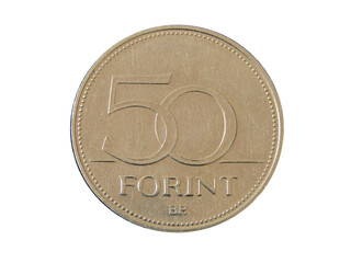 Reverse of Hungary coin 50 forint 1995 isolated with white background