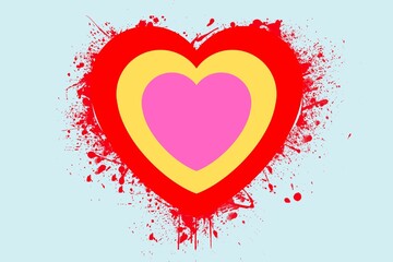 Colourful graphic grunge illustration of heart sign with ink blot, brush strokes, drops isolated on the sky blue background. 