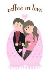 Couple men and women in love holding coffee cup in pink blanket.