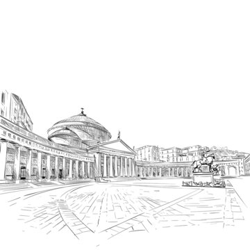 Piazza del Plebiscito. Naples. Italy. Hand drawn landmark sketch. Vector illustration.
