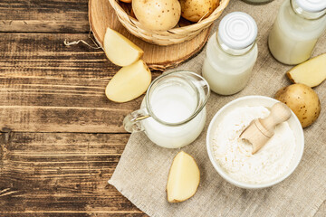 Fototapeta na wymiar Alternative potato milk, trendy non-dairy drink. Lactose free vegan plant beverage