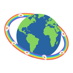 World Earth Day. Let's save the planet. Planet with a rainbow and flowers on a white isolated background.