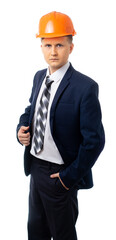 Portrait of a man in a blue business suit with a tie and helmet. builder, foreman, engineer, entrepreneur, businessman. isolated. White background.
