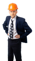 Portrait of a man in a blue business suit with a tie and helmet. builder, foreman, engineer, businessman dissatisfied with work, workers, the man got angry. isolated. White background.