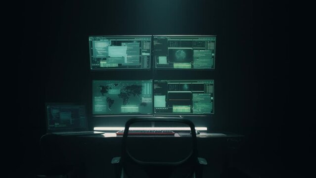 Dark hideout with monitors with software interface and computer equipment for hacking secret data and attacking the government server and scamming in network illegal