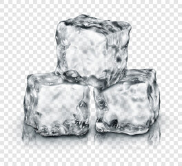 Group of three realistic translucent ice cubes in gray color, with reflection, isolated on transparent background. Transparency only in vector format