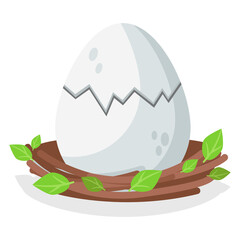 Big and beautiful egg with a crack. Bird, snake or other animal in a nest with green leaves. Grey color. Vector graphic.	
