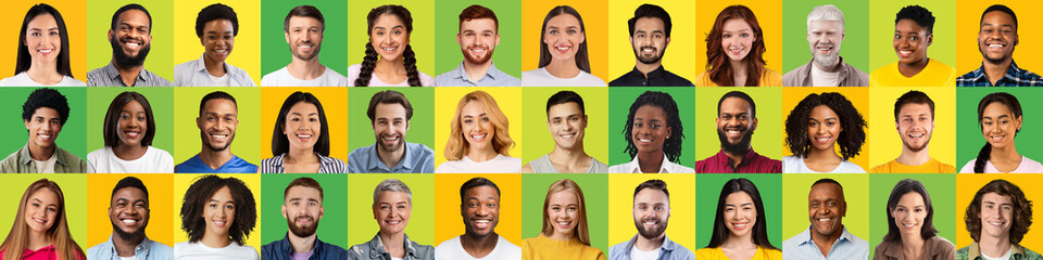 Happy smiling international people looking at webcam on yellow and green backgrounds
