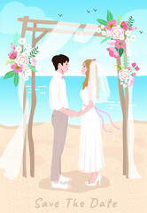 Cute premium cartoon wedding invitation Summer seaside wedding theme, bride and groom standing  near the sea ,wedding card.