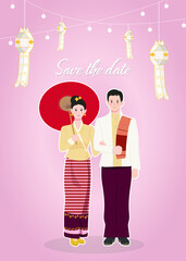 Traditional North Thailand wedding dress style invitaion vector template.