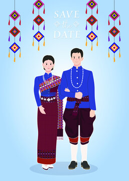 Traditional northeastern region Thailand wedding dress style invitaion vector template.