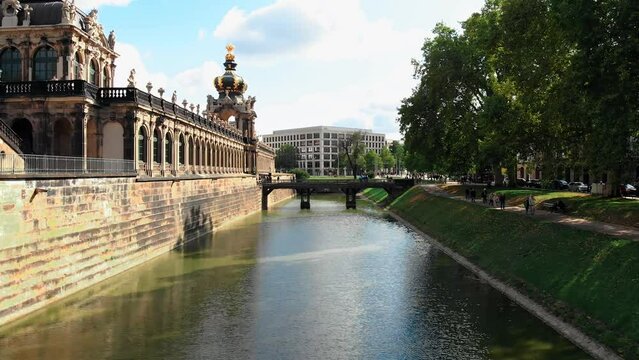 Drone shot Dresden. View from the Zwinger drone. Architectural complex of palace buildings in Dresden.
Porcelain Museum.
Gallery of old masters in Dresden.
State art collections of Dresden. 