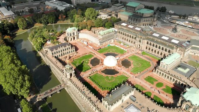 Drone shot Dresden. View from the Zwinger drone. Architectural complex of palace buildings in Dresden.
Porcelain Museum.
Gallery of old masters in Dresden.
State art collections of Dresden. 