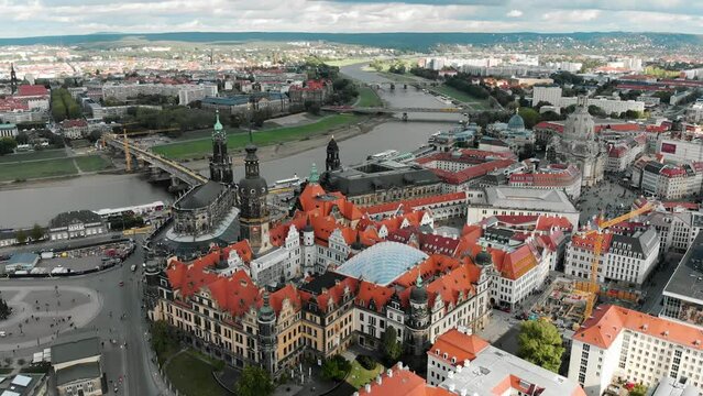 Drone shot Dresden. Dresden castle. Residence of Saxon Electors and Kings.
Fortress in Dresden
Hofkirche. Frauenkirche church in Dresden. Neumarkt square. Opera theatre. Elbe river. Bridge 