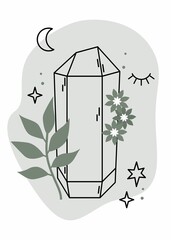 Vector illustration magic with crystal, moon, stars and leaves.  Mystical template for cards, banners, flyers, posters, stickers. Line art style