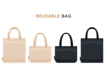 Set reusable bags realistic cartoon isolated white background