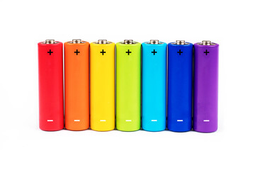 Seven finger batteries lined up in a row. The color scheme matches the rainbow coloring. Isolated...