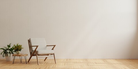 The interior with gray armchair on empty white wall background.